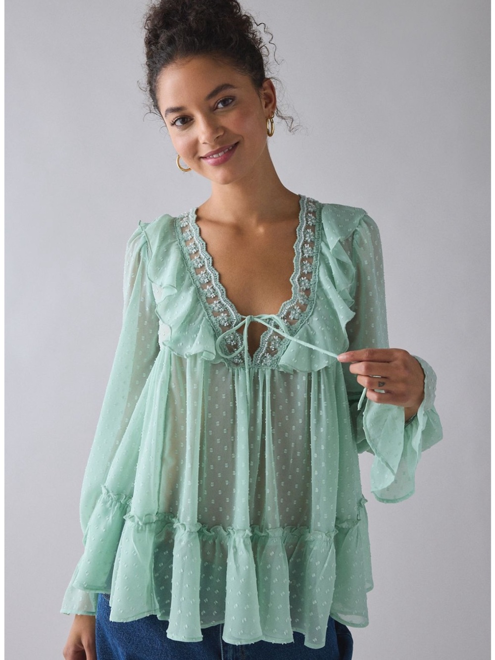 Kimchi Blue Mint Green Ruffled Swiss Dot Tie-Front Blouse